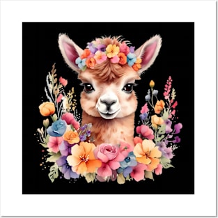 An alpaca decorated with beautiful watercolor flowers Posters and Art